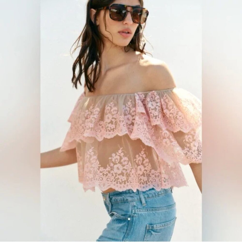 Zara Embroidered Ruffle Top NWT